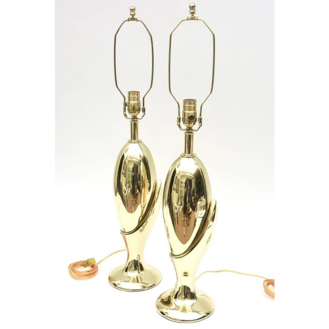 Metal MCM Sculptural Brass Plated Table Lamps Attributed to Laurel Lamp Co. Pair of Restored For Sale - Image 7 of 11
