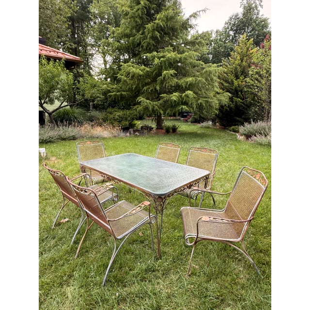 Russell Woodard Vintage Woodard Style Wrought Iron Patio Dining Set - 7 Pieces For Sale - Image 4 of 12