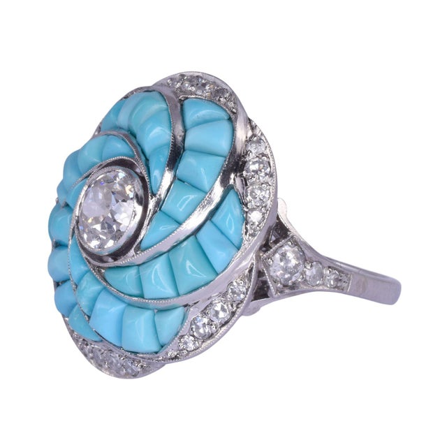 Contemporary Estate Custom Diamond and Turquoise Platinum Ring For Sale - Image 3 of 6