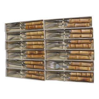 Mid-Century German Steak Cutlery Set for 12 in Bamboo and Stainless Steel, 1960s, Set of 24 For Sale