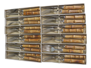 Mid-Century German Steak Cutlery Set for 12 in Bamboo and Stainless Steel, 1960s, Set of 24