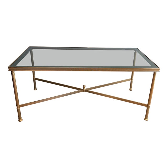 1940s Neoclassical style gold metal coffee table with blueish glass top For Sale