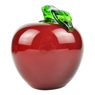 Mid 20th Century Handmade Hand Blown Red Glass Apple Paper Weight Figurine For Sale