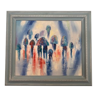 Mid-Century Impressionist Rainy Cityscape by W. Amion – Heavy Slate Blue Frame For Sale