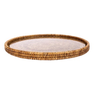 Artifacts Rattan 16" Round Serving Tray, Honey Brown with Glass Insert For Sale
