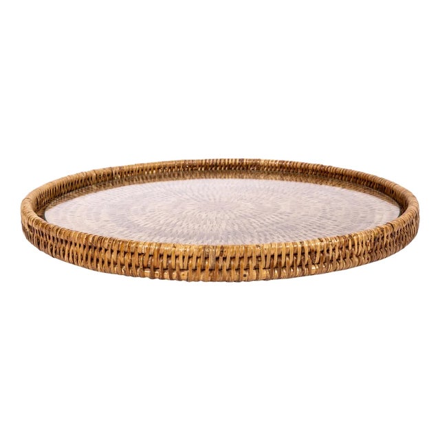 Artifacts Rattan 16" Round Serving Tray, Honey Brown with Glass Insert For Sale