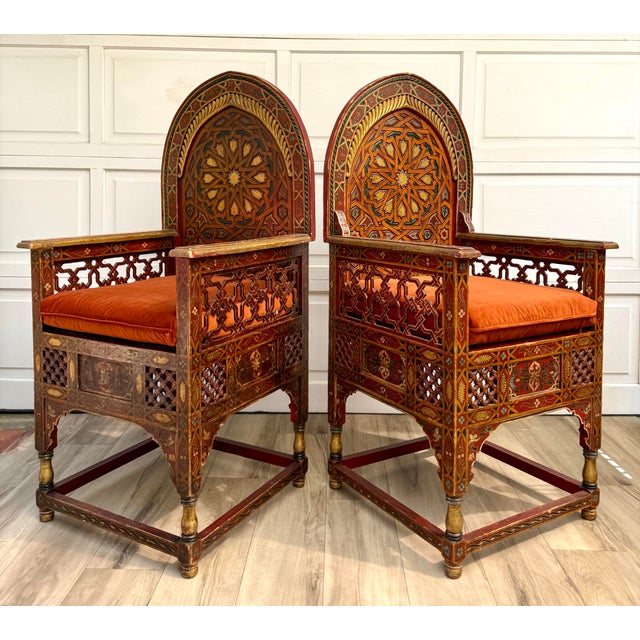 Vintage Moroccan Hand-Painted Carved Wood Throne Chairs - Pair For Sale - Image 16 of 18