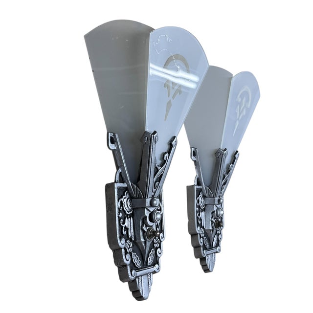 1930s 1930s One Pair Art Deco Flat Glass Panel Wall Silver and Black Sconces by Lincoln #2581 For Sale - Image 5 of 7