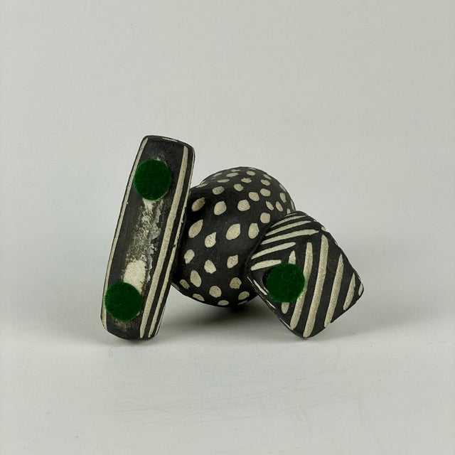 Black 1990s Unusual Oval Shaped Pottery Vase With Geometric Forms in B/W Dots & Stripes Pattern For Sale - Image 8 of 9