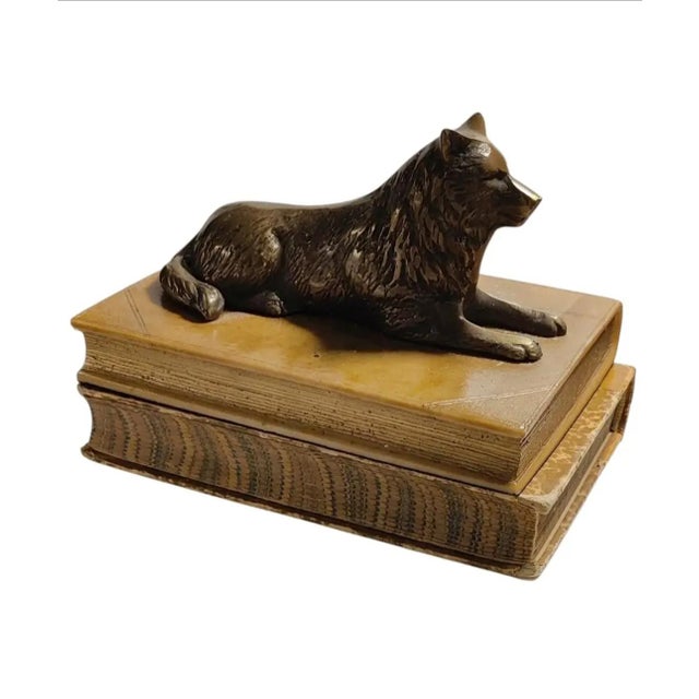 Vintage Sculpture ~ Bronze Wolf Lying on Top of a Book For Sale - Image 10 of 12