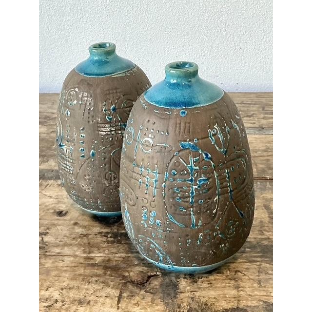 Vintage Glazed Ceramic Scored Vases - A Pair For Sale In West Palm - Image 6 of 12