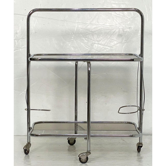 Art Deco Collapsible Rolling Cart or Drinks Trolley of Chrome and Smoked Glass For Sale - Image 11 of 12