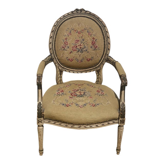 1930s Vintage French Provincial Fauteuil Chair With Floral Needlepoint Design For Sale