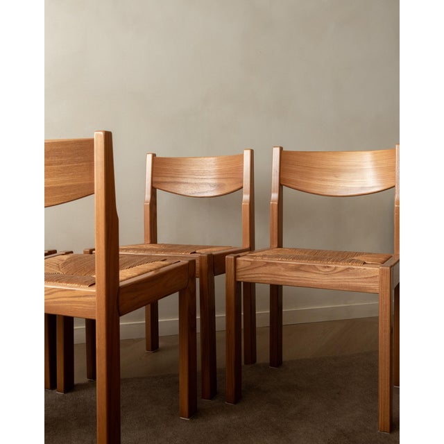 Mid-Century Elm and Rush Dining Chairs by Maison Regain, 1970s, Set of 4 For Sale - Image 12 of 17