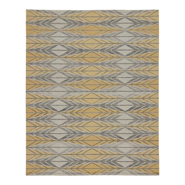 Rug & Kilim’s Scandinavian Style Custom Kilim in Gold & Gray Geometric Patterns For Sale