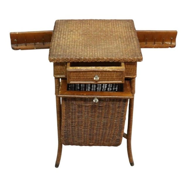 Wood Antique Heywood Wakefield Wicker Sewing Stand Signed C1920 For Sale - Image 7 of 11