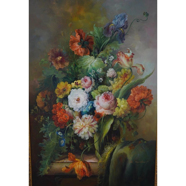 Gold Artist Signed Framed Oil Painting on Canvas Floral Still Life For Sale - Image 8 of 11