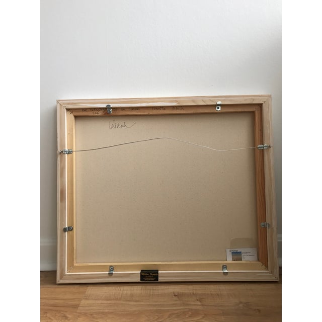 Oil painting on canvas entitled "Tree Reflection" by Ghetta Hirsch. Thin whitewashed wood frame with hanging wire on back....