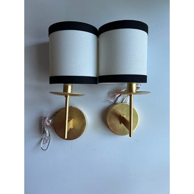 Traditional Kate Spade New York Walker Small Sconces in Gild With Cream Linen Shade With Black Linen Trim - Pair For Sale - Image 3 of 6