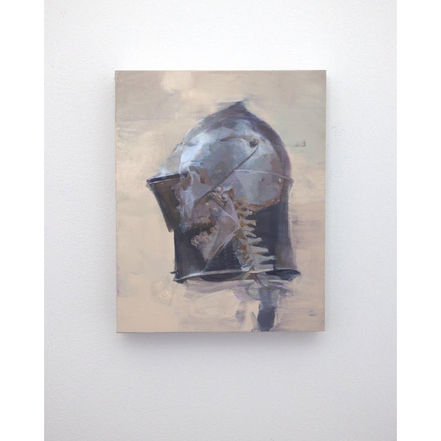 Figurative Don't Panic by Elena Burykina | Oil on panel Painting of a skull in a helmet. For Sale - Image 3 of 5