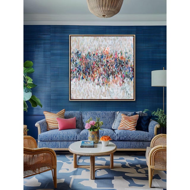 This original abstract painting is new and includes maple floater frame and can be hung in any direction