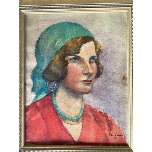 Wood Vintage Water Color Portrait Painting of a Bohemian Woman on Paper Framed, Artist Signed 1929 For Sale - Image 7 of 7