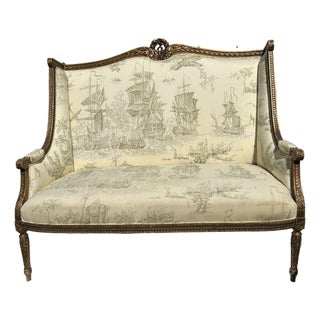 Early 20th Century French Louis XVI Style Giltwood Settee in Naval Scenic Toile For Sale