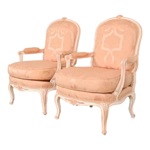 French Provincial Louis XV Carved Painted Walnut Fauteuils, Pair