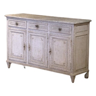 19th Century French Louis XVI Carved Painted Three-Door Buffet With Drawers For Sale