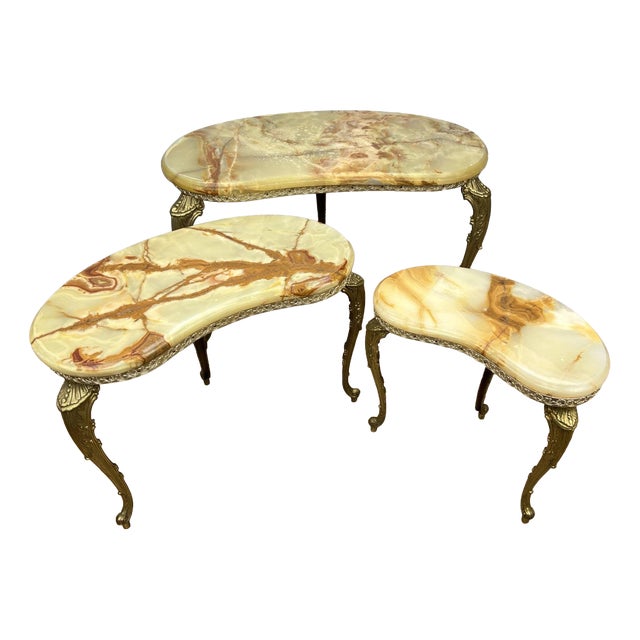Vintage French Nested Tables in Marble, Onyx, and Brass, Set of 3 For Sale