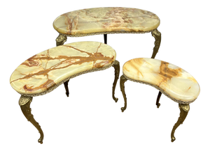 Vintage French Nested Tables in Marble, Onyx, and Brass, Set of 3