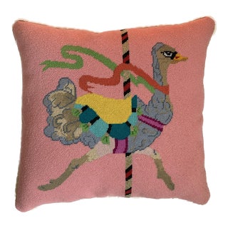 Pink and Green Ostrich Needlepoint Pillow For Sale