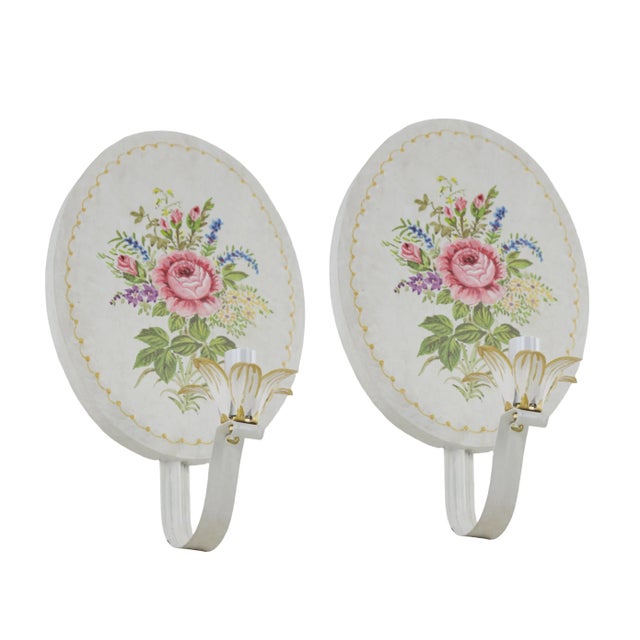 Pair of Vintage English-Painted Floral Decor Metal Wall Lamps For Sale - Image 11 of 11