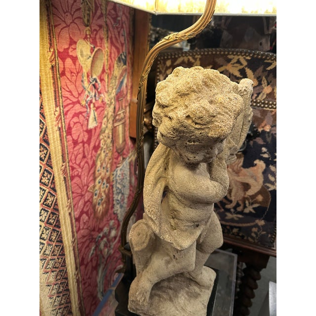 Wood Antique Cement Putti Table Lamps With Custom Wood Bases- A Pair For Sale - Image 7 of 9