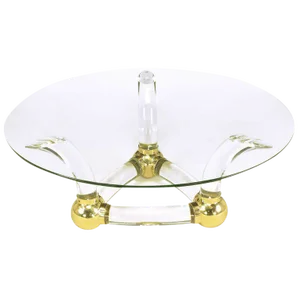 Round Coffee Table With Thick Curved Lucite & Brass Ball Base