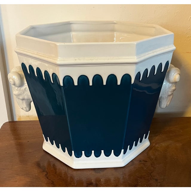 Ceramic Italian Mancioli Mid-Century Modern Ceramic Cachepot Planter With Ram's Head Handles For Sale - Image 7 of 13
