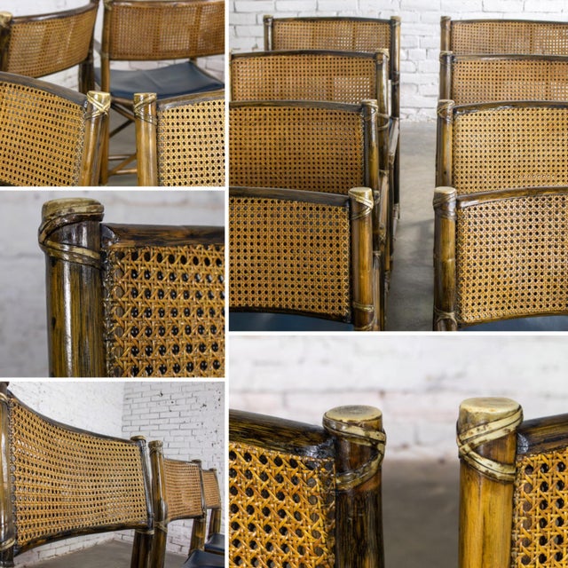 Late 20th Century Campaign Style Set of 8 Dining Chairs by McGuire Rattan Cane & Navy Leather For Sale - Image 17 of 18