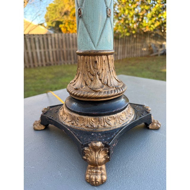 Vintage 1980s Italian Ceramic & Wood Gilt & Aqua Neoclassical-Style Empire Table Lamps For Sale - Image 4 of 18