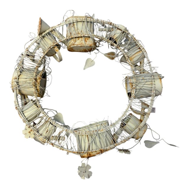 Rustic European Late 20th Century Sculptural Metal Garden Wreath With Watering Cans & Weathered Patina For Sale - Image 3 of 12