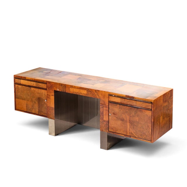 Brown Paul Evans Style Mid Century Patchwork Burlwood Desk For Sale - Image 8 of 8