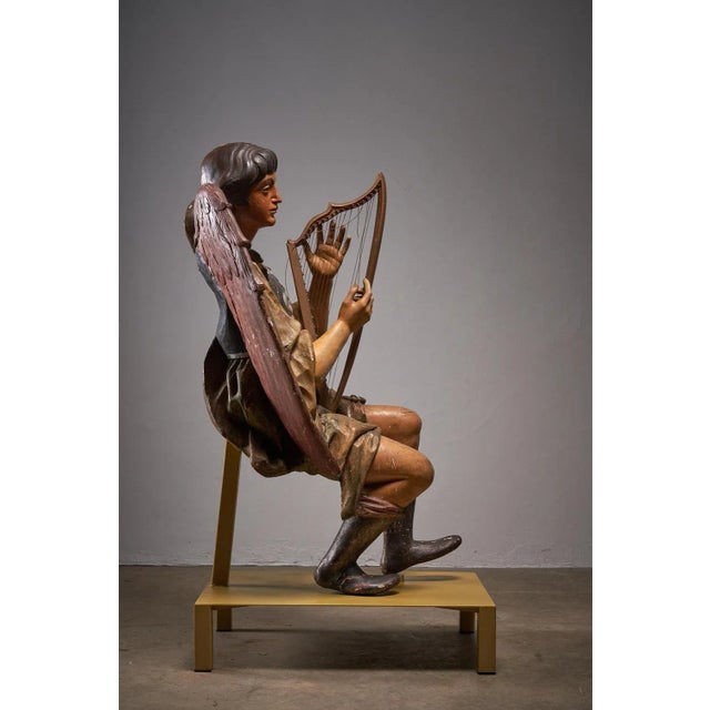 Antique Hand-Painted Wooden Angel and Harp Sculpture For Sale - Image 4 of 11