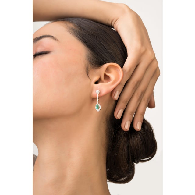 Early 20th Century Geometric Style Oval Emerald & Diamond Halo Drop Earrings in 14k Yellow Gold- A Pair For Sale - Image 5 of 13