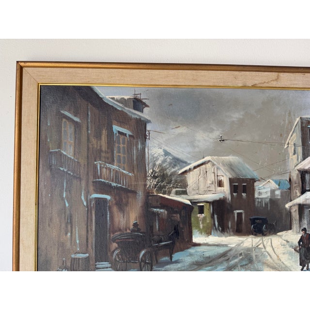 1960s 1960s A. Angivoni European Town Winter Landscape Oil on Canvas Painting, Framed For Sale - Image 5 of 11