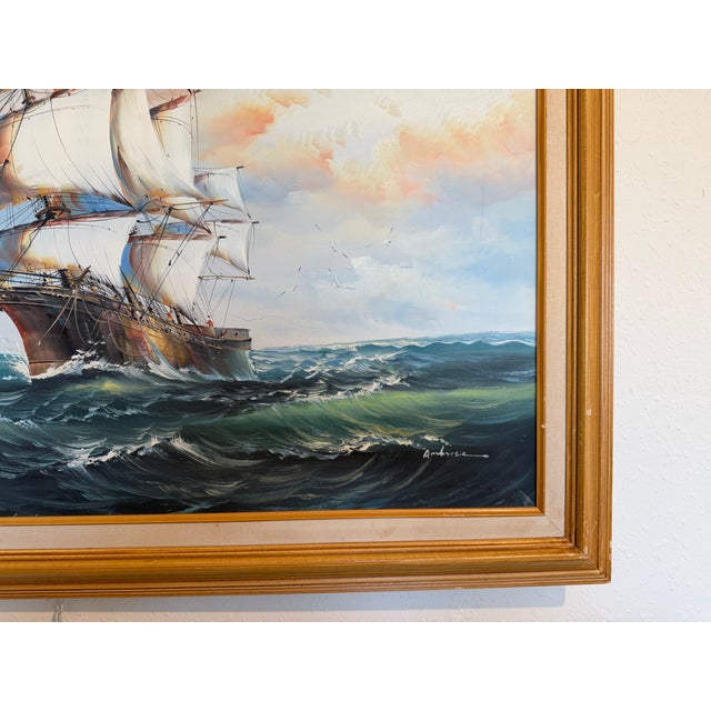 Late 20th Century Ambrose Original Oil Painting Tall Ship at Sea Maritime Nautical Ocean Seascape For Sale - Image 10 of 11