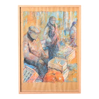 French Vintage Framed Pastel Drawing of a Farmer's Market For Sale