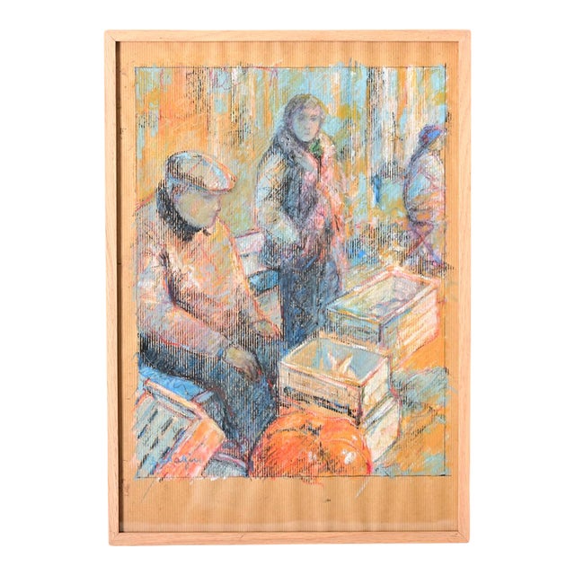 French Vintage Framed Pastel Drawing of a Farmer's Market For Sale