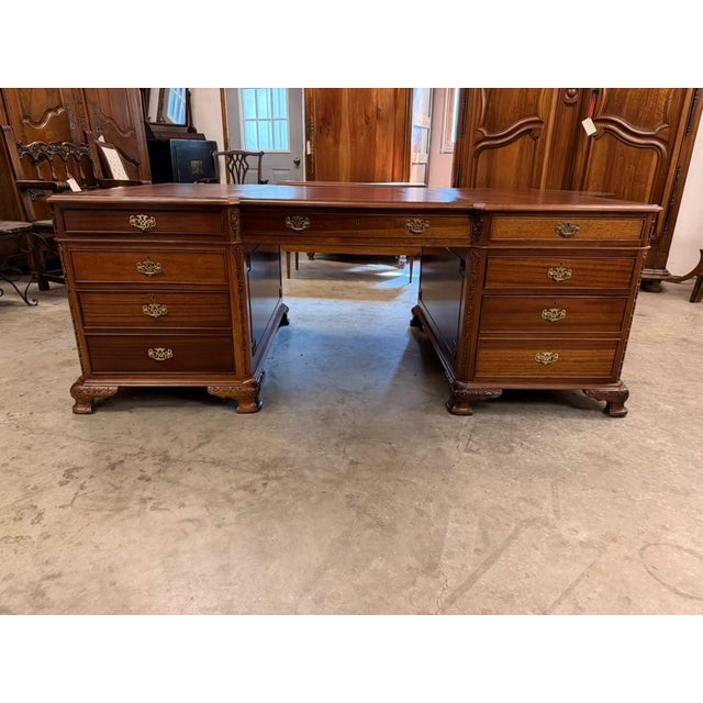 Mid-20th Century Chippendale Style Mahogany Partners Executive Desk With Embossed Leather Top, Circa 1950s For Sale - Image 13 of 18