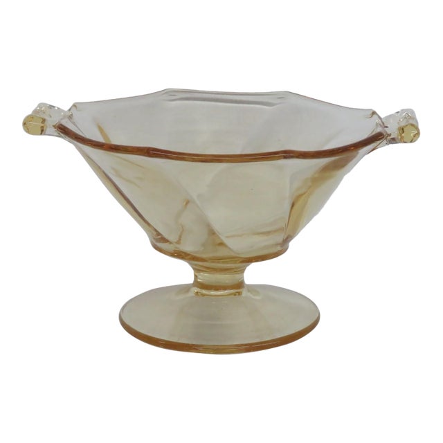 Yellow Depression Glass Pedestal Bowl Octagonal Swirl Pattern With Handles 4891b For Sale