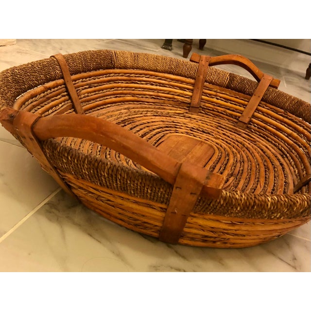 Rustic Large Oval Rattan Basket With Wood Handles For Sale - Image 3 of 9