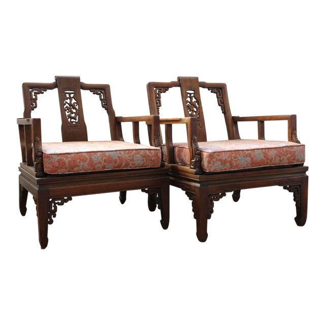 1960s Vintage Asian Rosewood Low Arm Chairs, a Pair For Sale